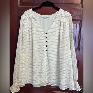 LOFT Ivory Blouse with Black Dot Print and Black Buttons